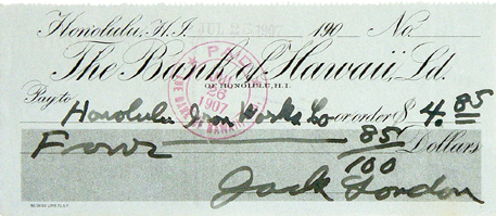 «Jack London Bank of Hawaii signed check, type 1»